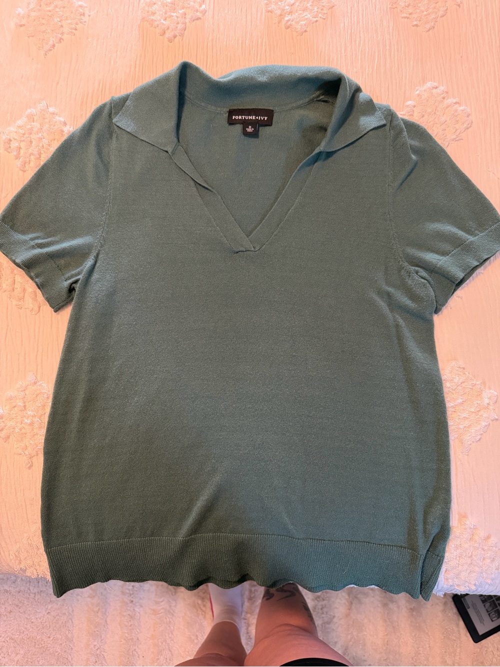 Fortune + Ivy Short-Sleeve V-Neck Polo in Forest Green